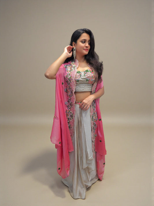 Indo western crop top dhoti skirt set with hand embroidered shrug