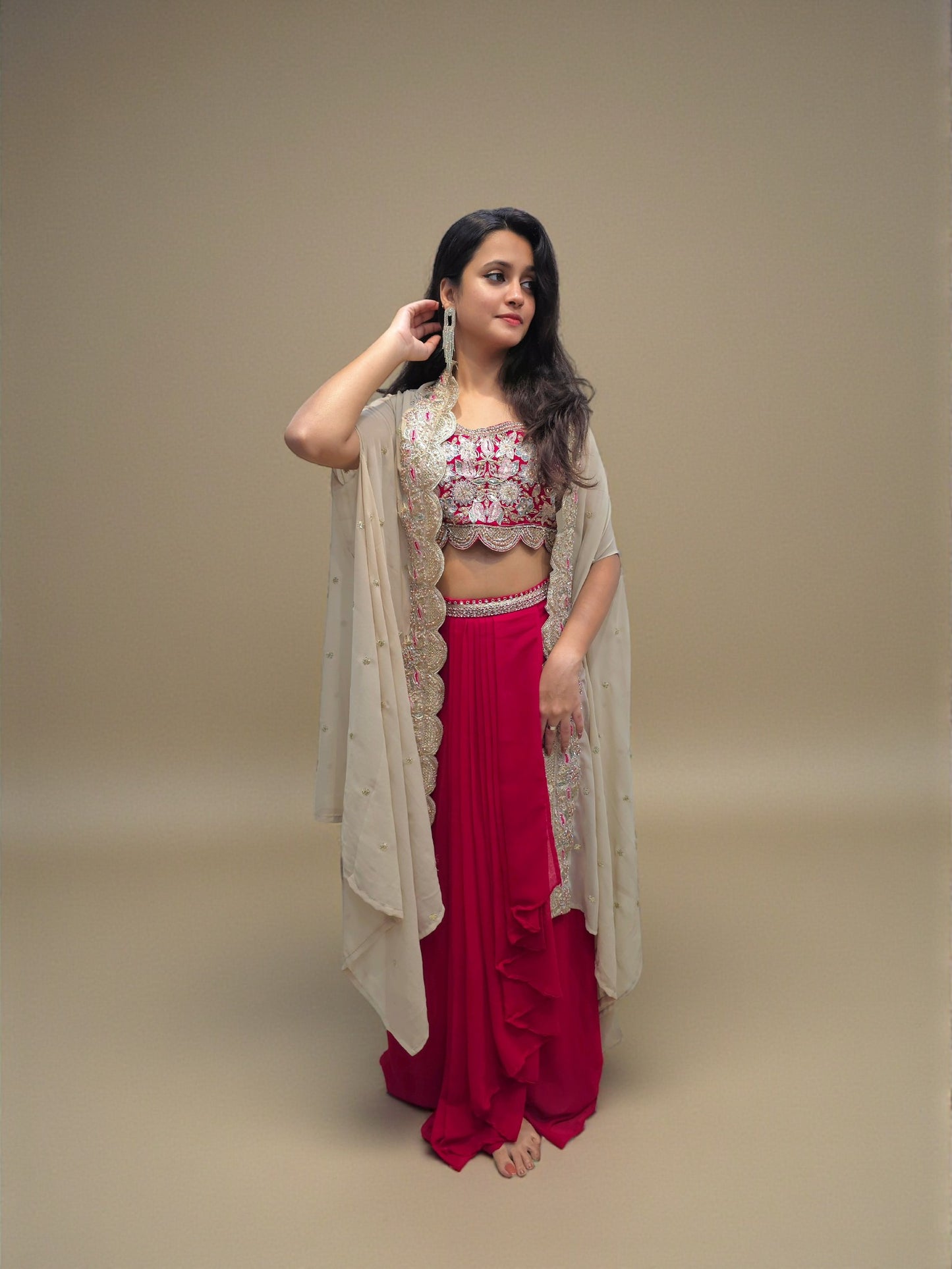 Indo western beige maroon crop top dhoti skirt with sheer shrug