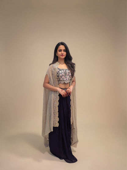 Indo western beige purple crop top dhoti skirt party wear