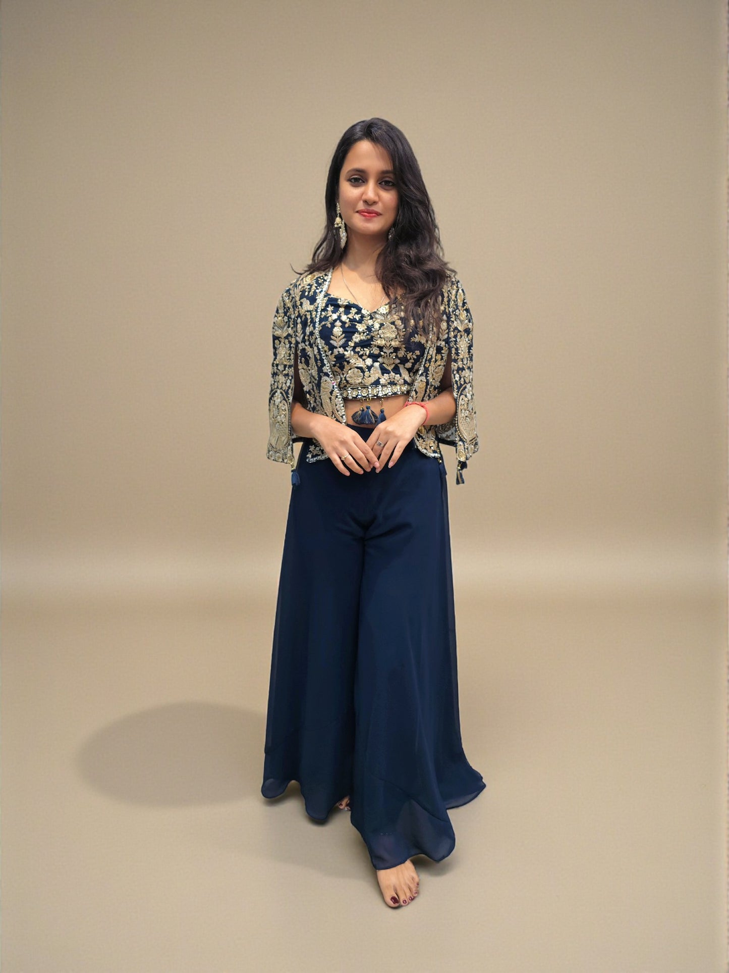 Indo western navy blue palazzo outfit with embroidered blouse