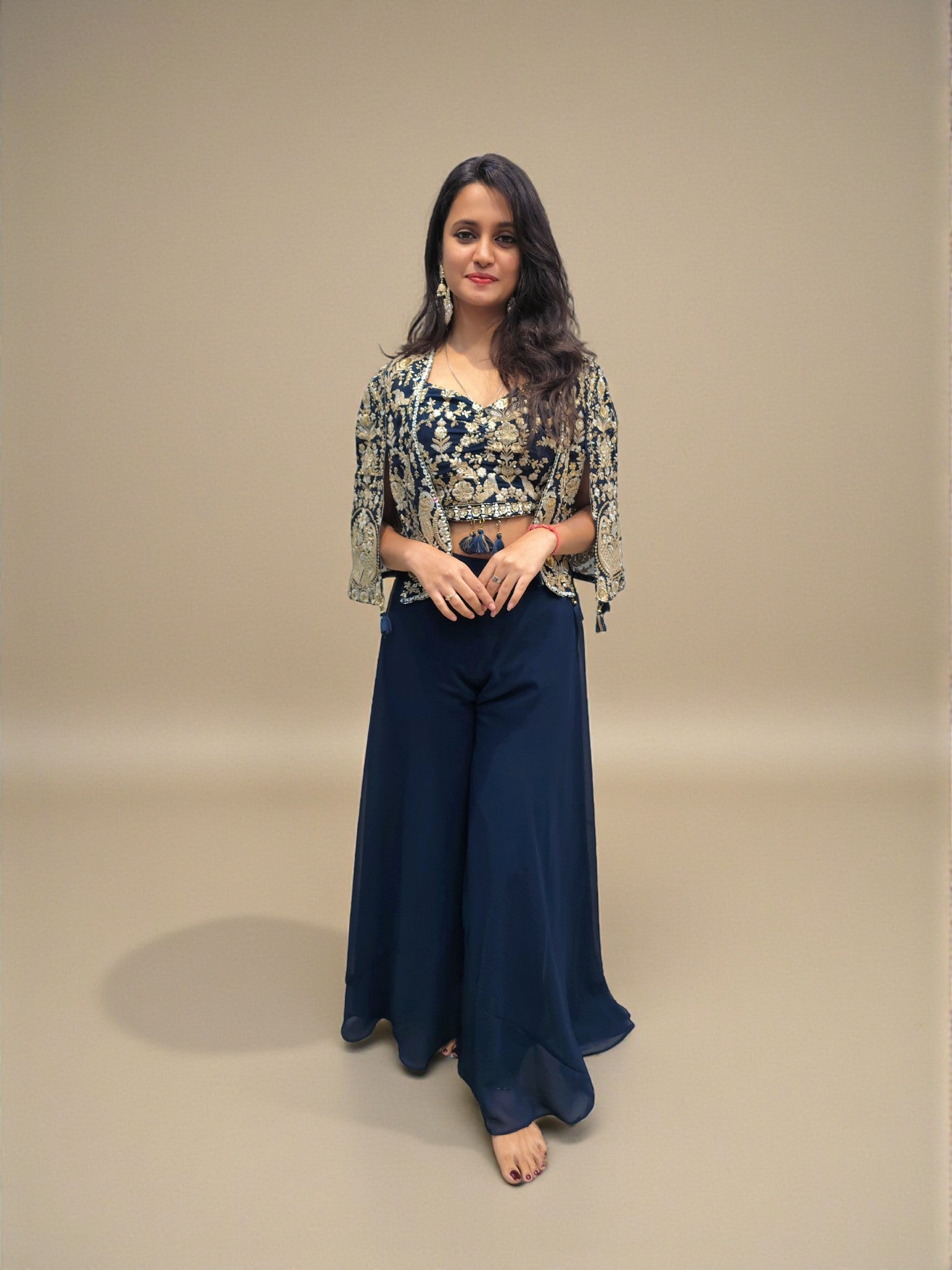 Indo western navy blue palazzo outfit with embroidered blouse