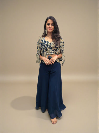 Indo western navy blue palazzo outfit with embroidered blouse