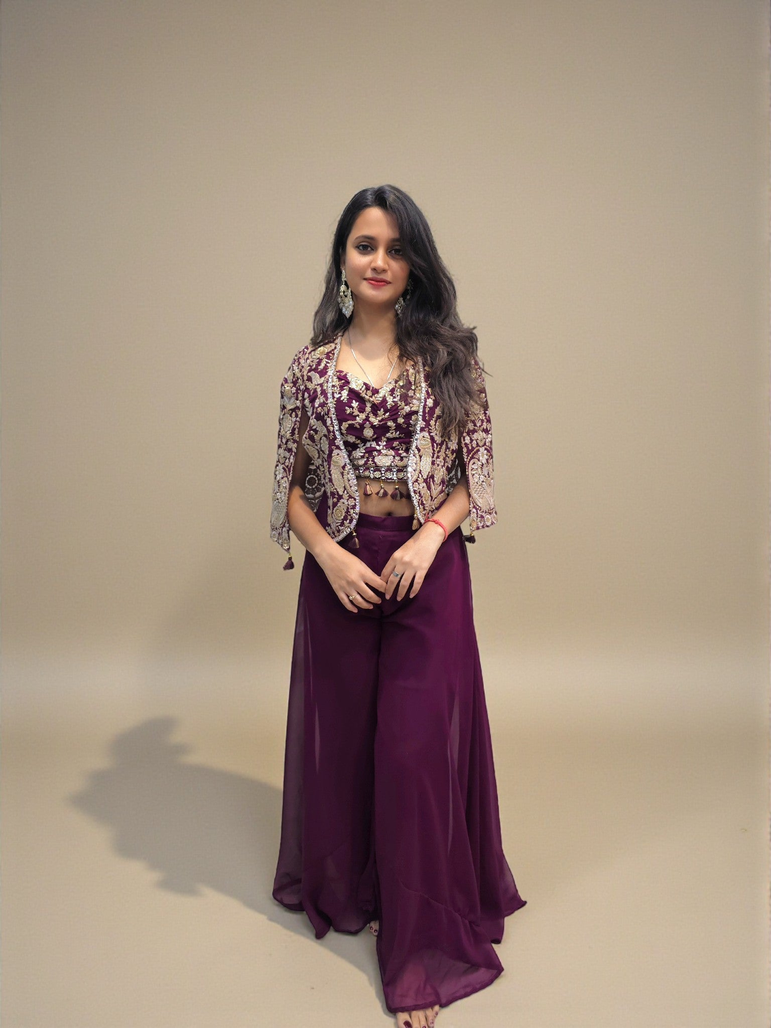 Indo western wine palazzo set with embroidered blouse