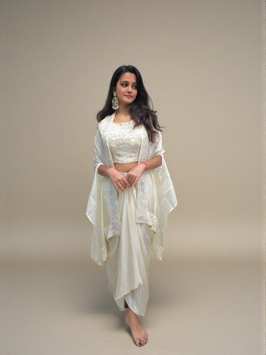 ivory crop top dhoti skirt set with embroidered cape for women