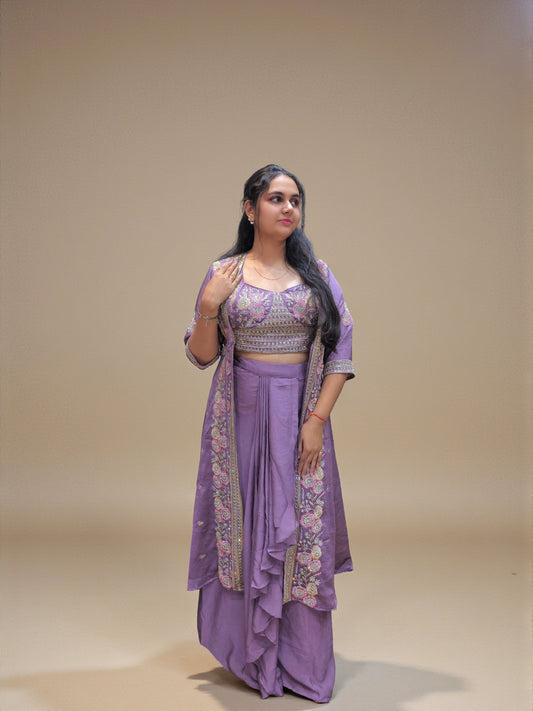 Lavender embroidered crop top dhoti skirt with shrug