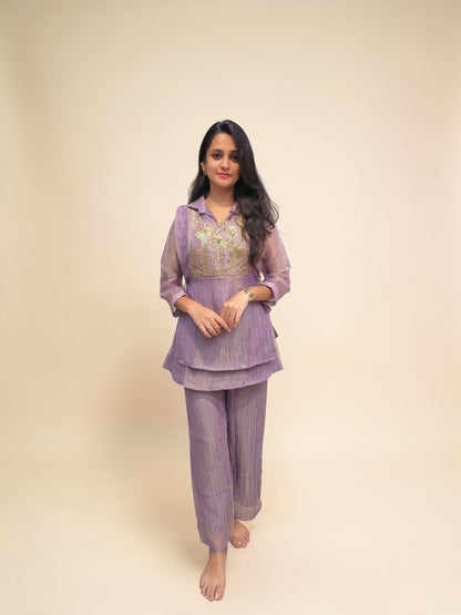 Lavender glass tissue co-ord set with handcrafted Zardozi embroidery for women