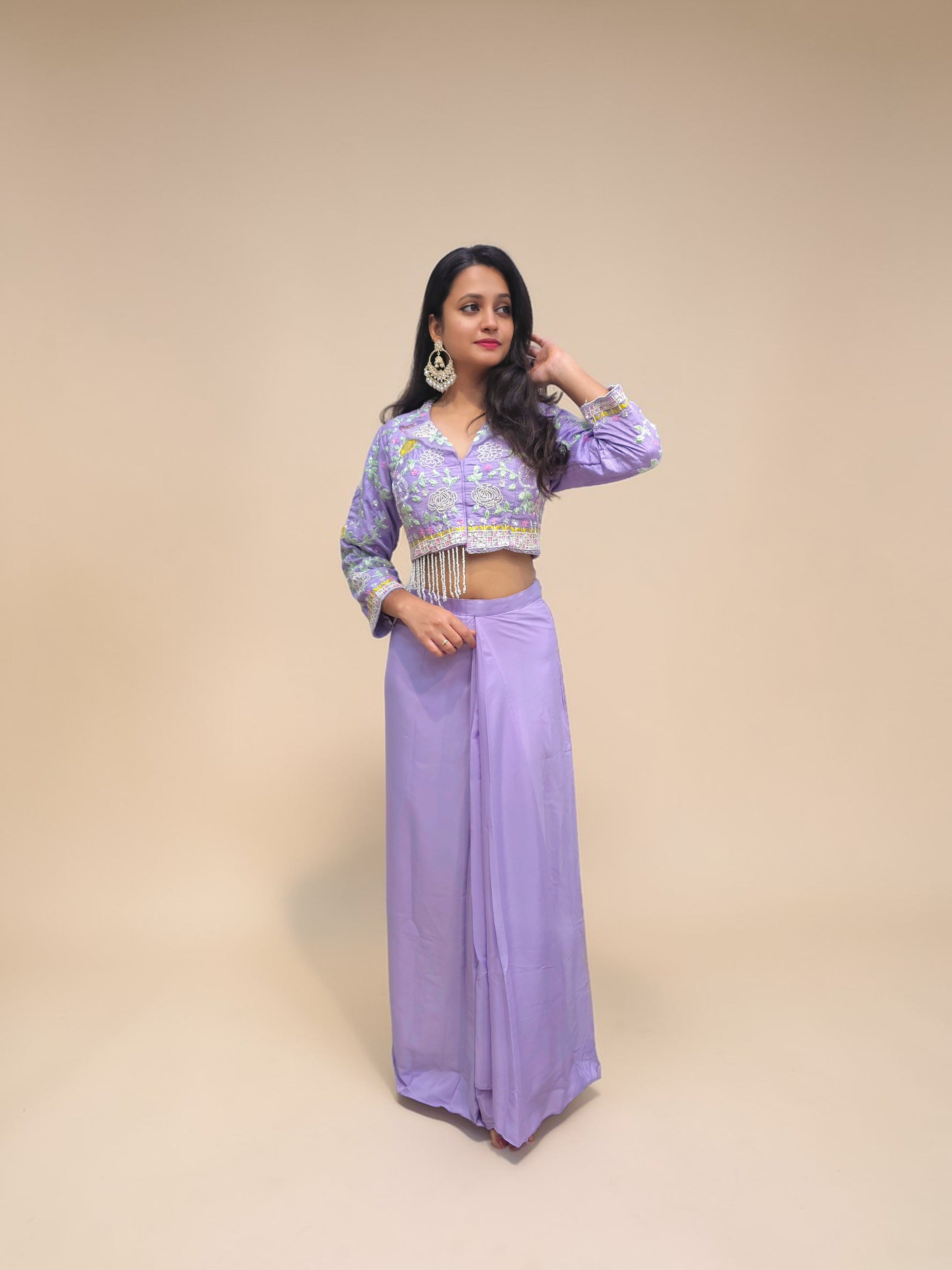 Lavender heavy handwork crop top with tulip skirt