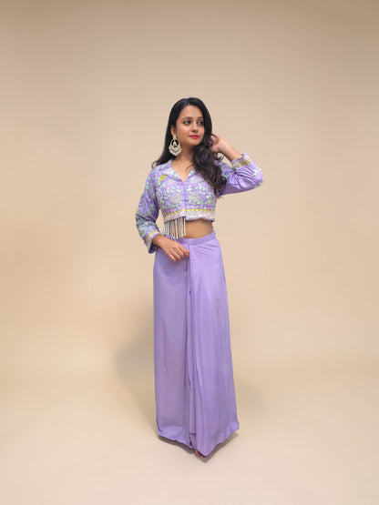 Lavender heavy handwork crop top with tulip skirt