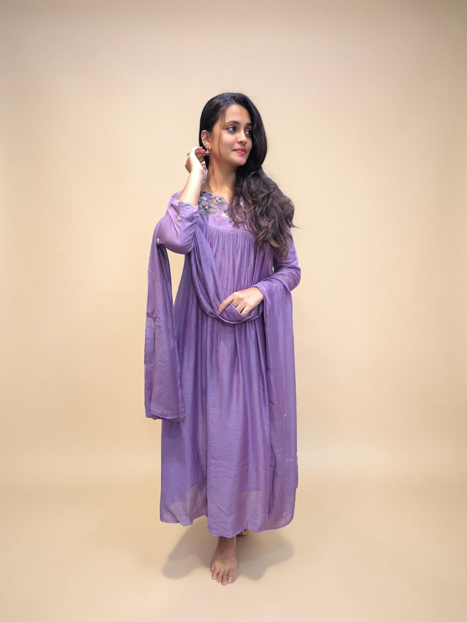 Lavender Mul Chanderi handwork kurta set with matching dupatta for women