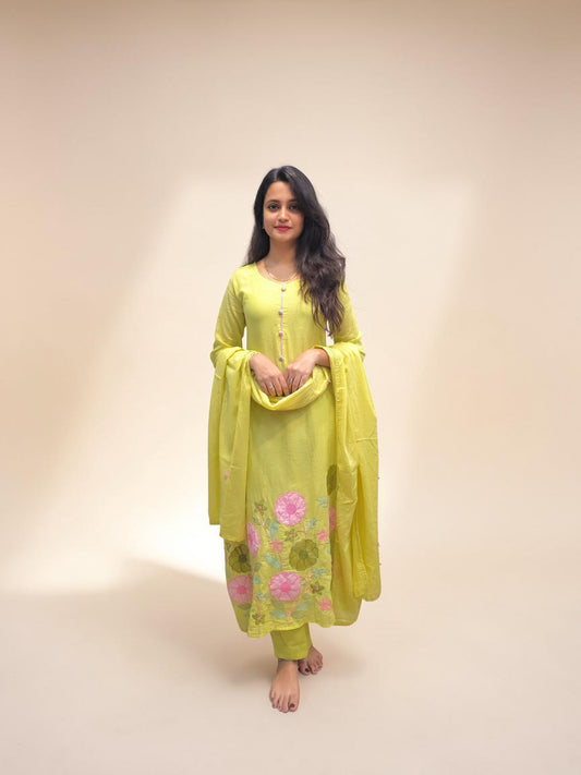 Light lemon green embroidered A line cotton kurta set with dupatta
