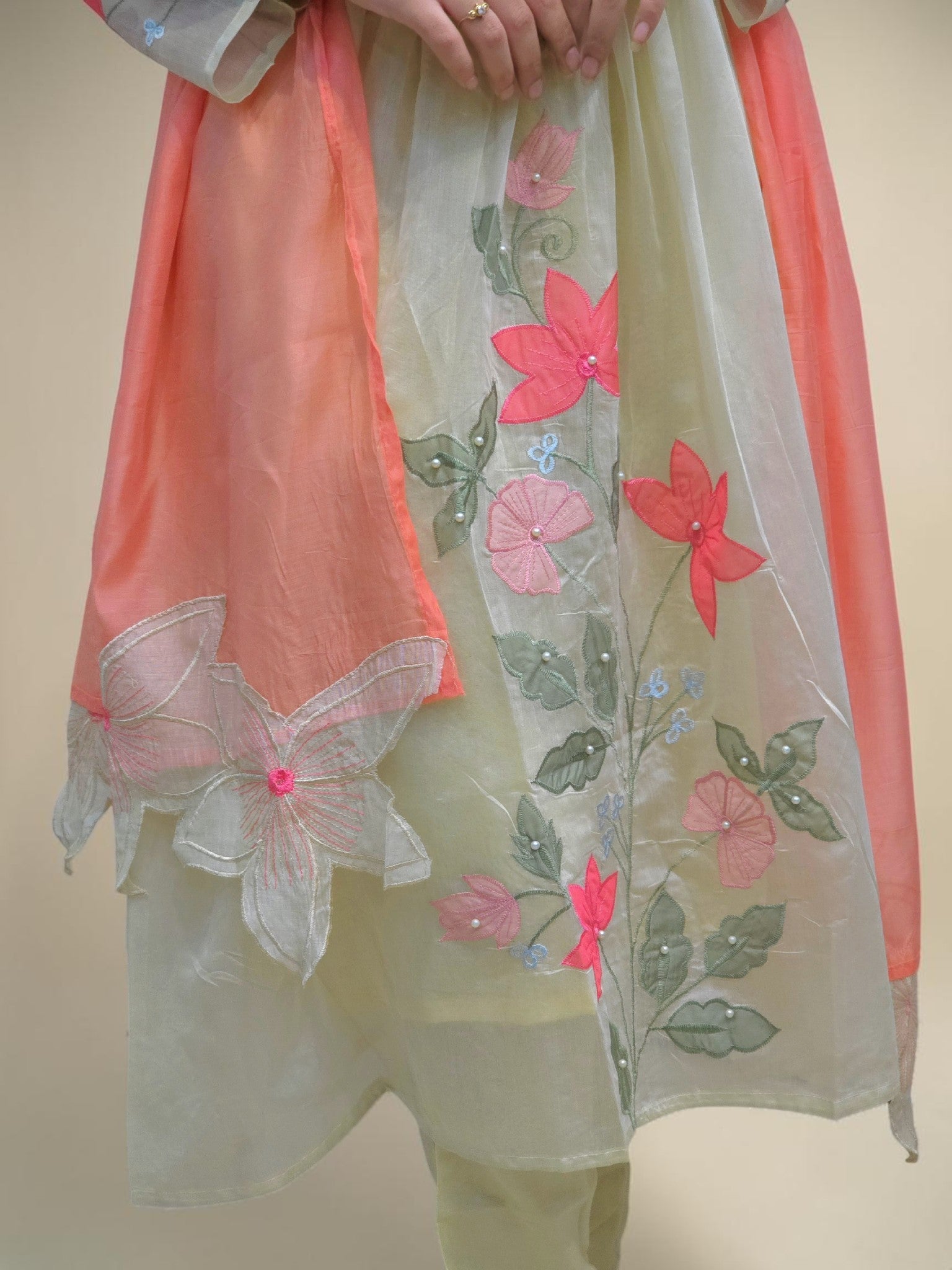 Designer A-line kurta set in Mul Chanderi fabric for women