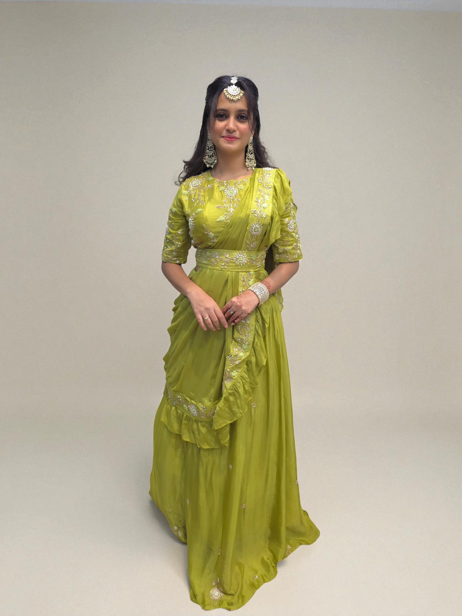Lime green handwork crop top skirt with draped dupatta – Ambika Boutique