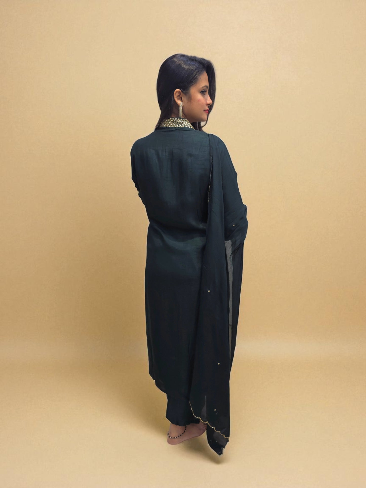 Luxury dark green embroidered kurta pant dupatta set for women