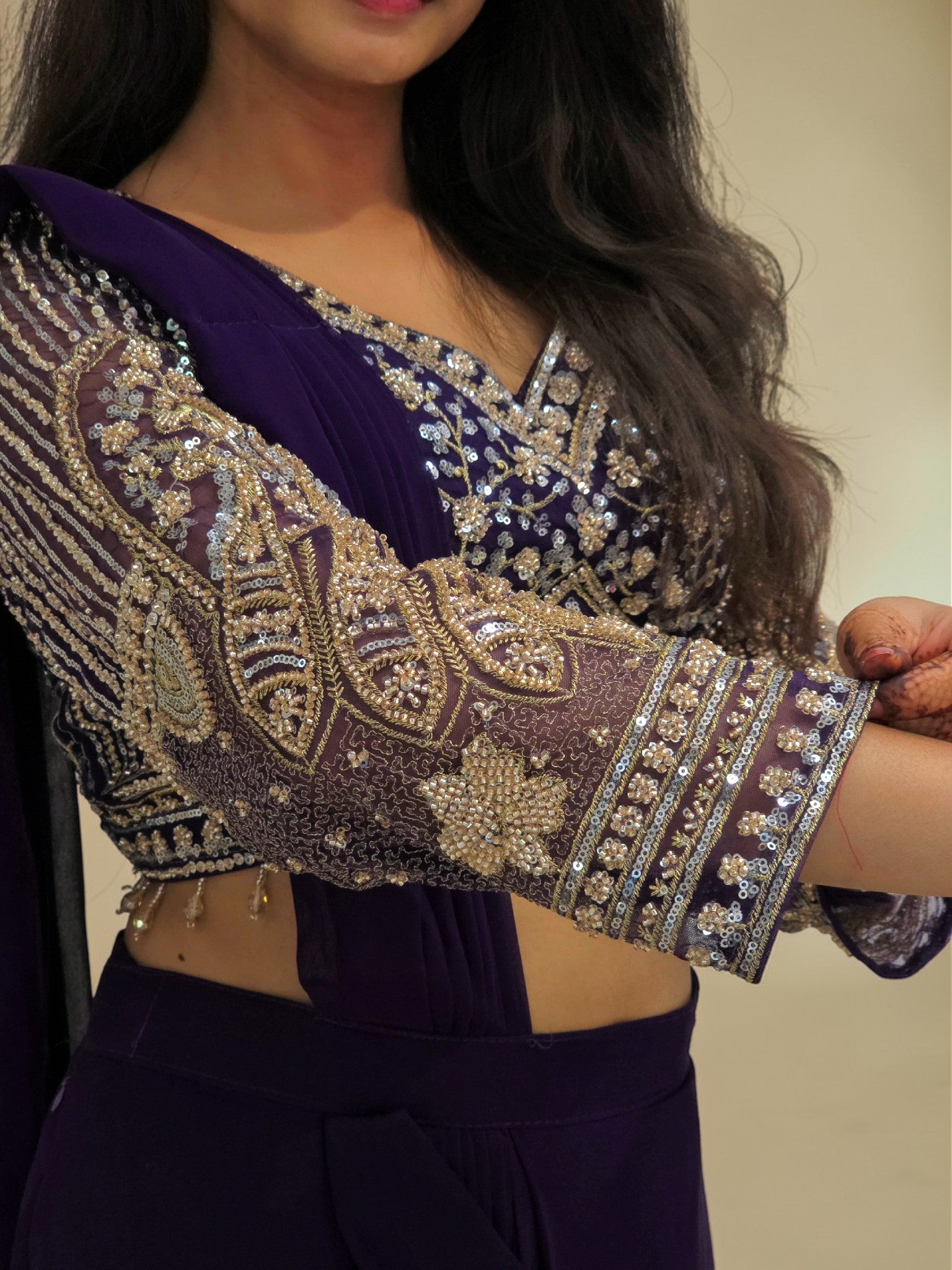 Wedding guest outfit purple ready to wear saree set