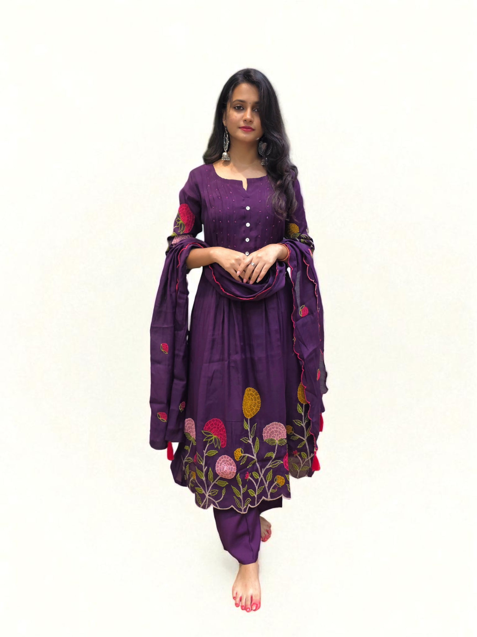 Luxury purple mul chanderi A-line suit set with intricate embroidery
