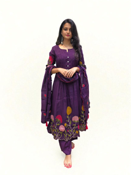Luxury purple mul chanderi A-line suit set with intricate embroidery