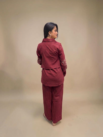 Stylish maroon linen cord set for casual and office wear