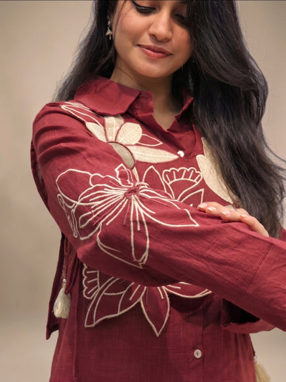 Elegant maroon linen two-piece outfit for women