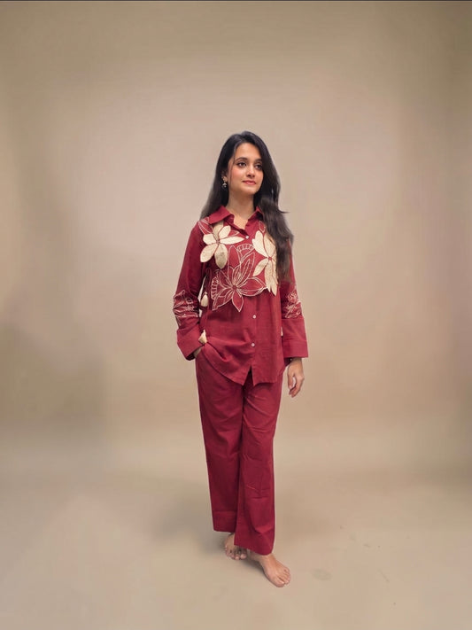 Maroon linen cord set for women with floral applique