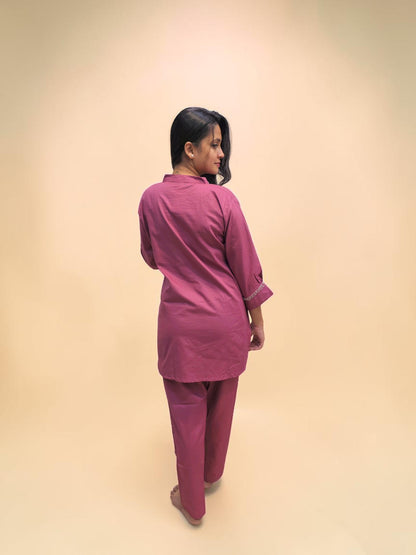 Cotton handwork two-piece co-ord set in mauve