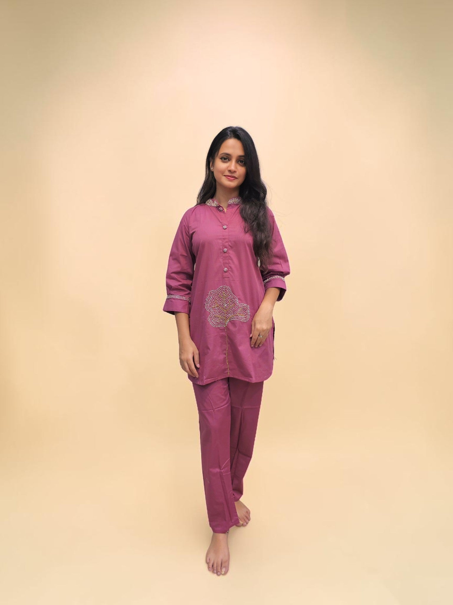 Mauve cotton handwork cord set for women