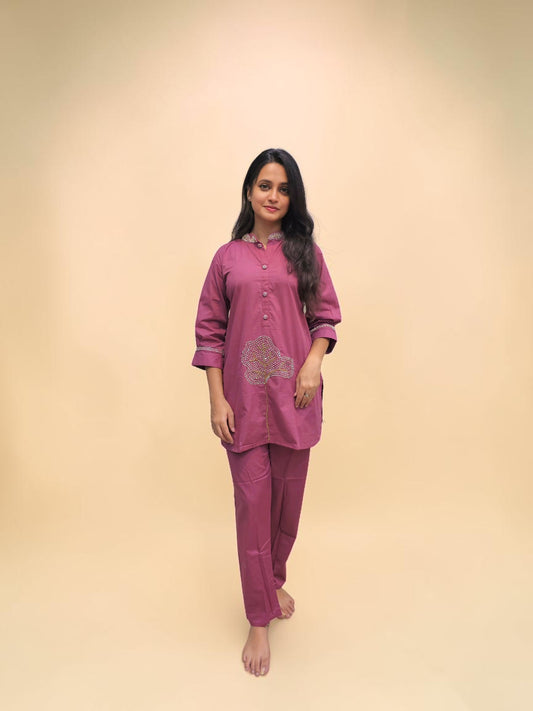 Mauve cotton handwork cord set for women