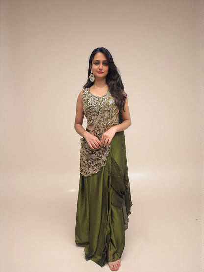 Mehendi green heavy handwork crop top with drape skirt