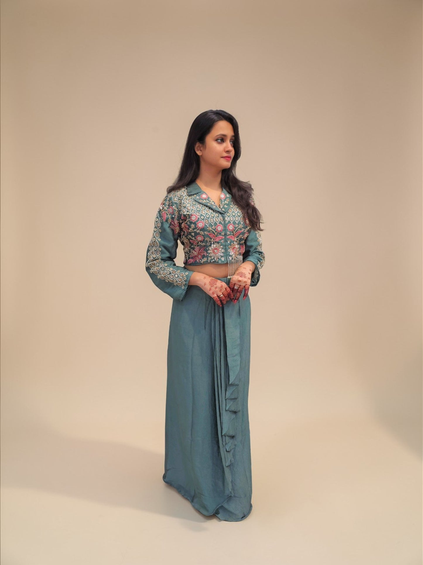 Mehendi carnival indo western outfit with embroidered crop top