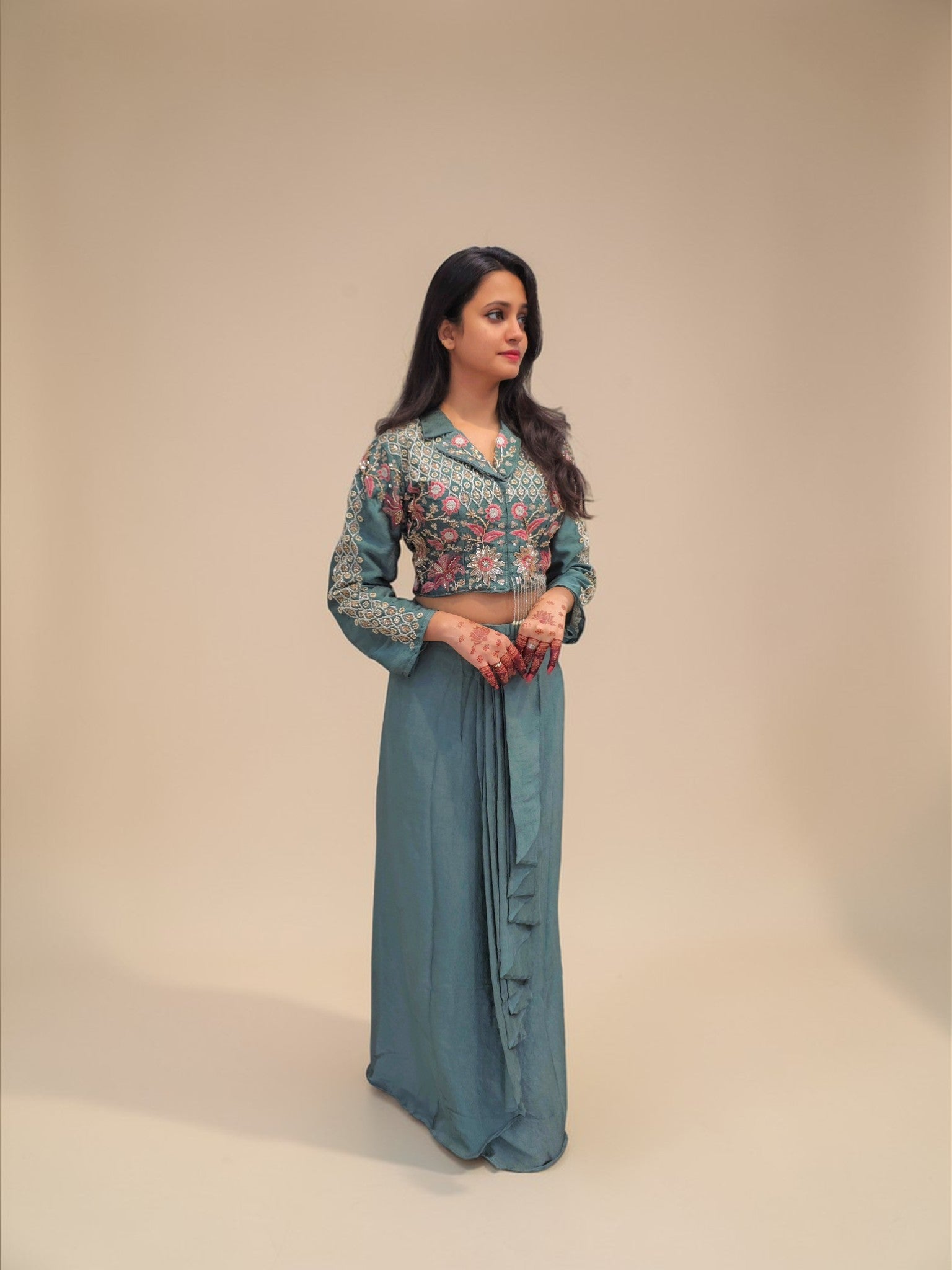 Mehendi carnival indo western outfit with embroidered crop top