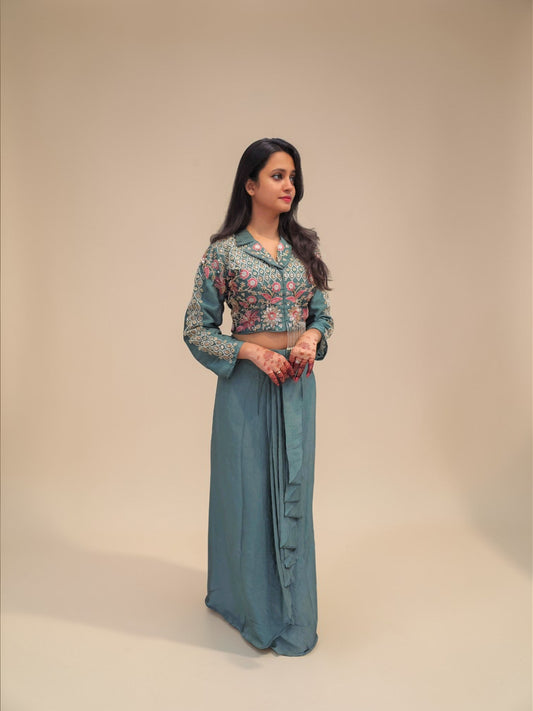 Mehendi carnival indo western outfit with embroidered crop top