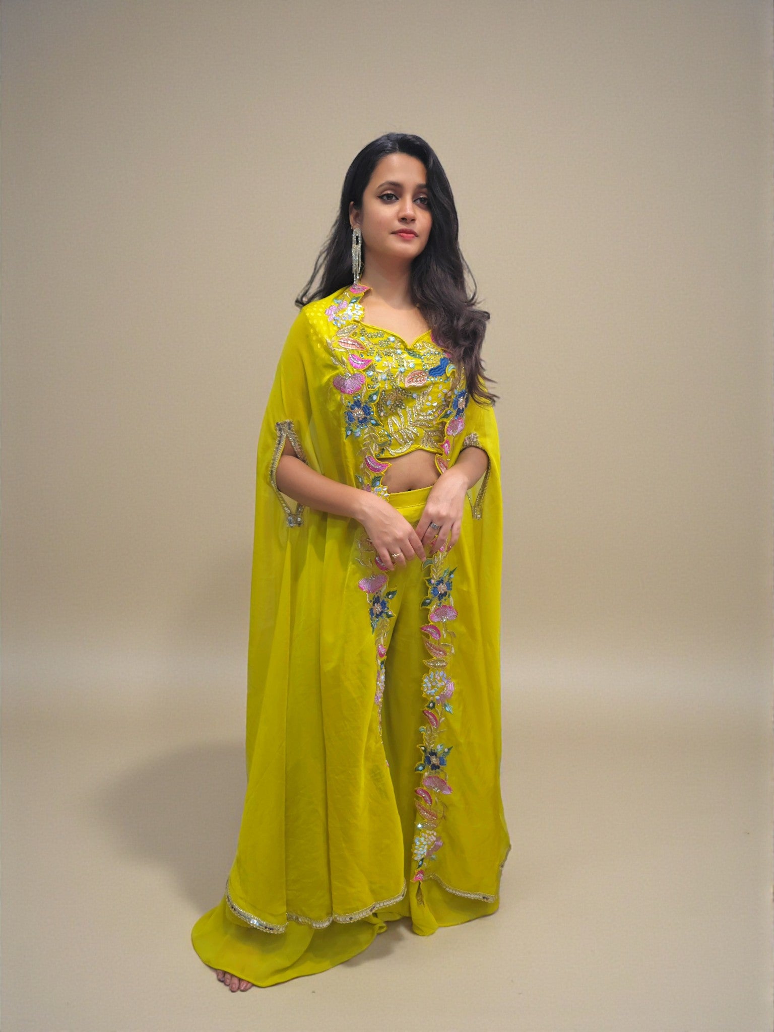 Mehendi wear yellow crop top palazzo set with festive shrug