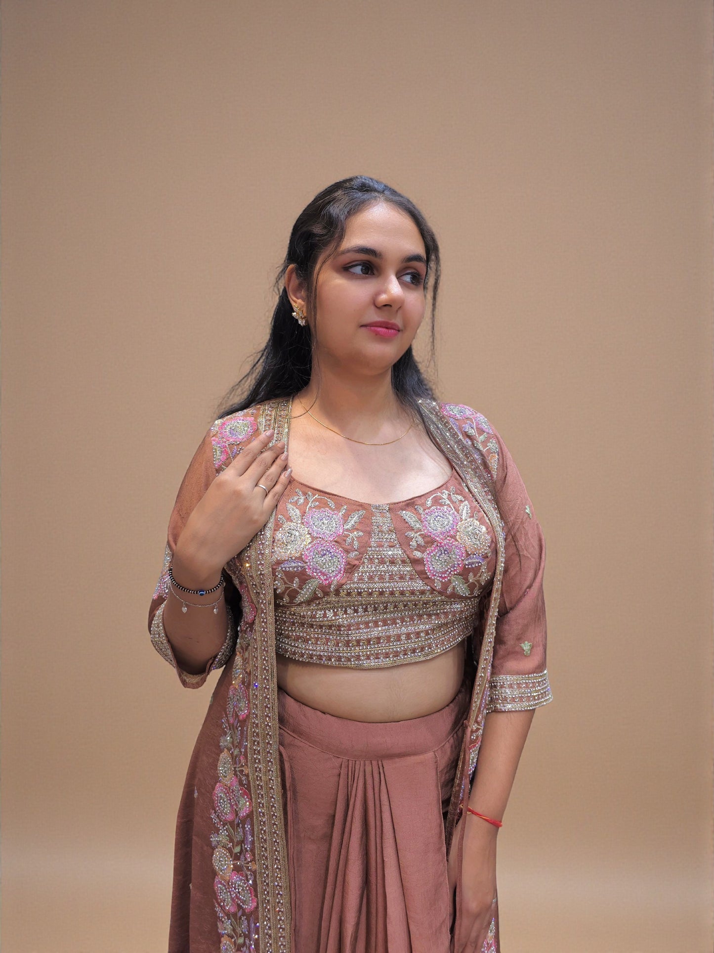 Wedding guest indo western outfit with dhoti skirt