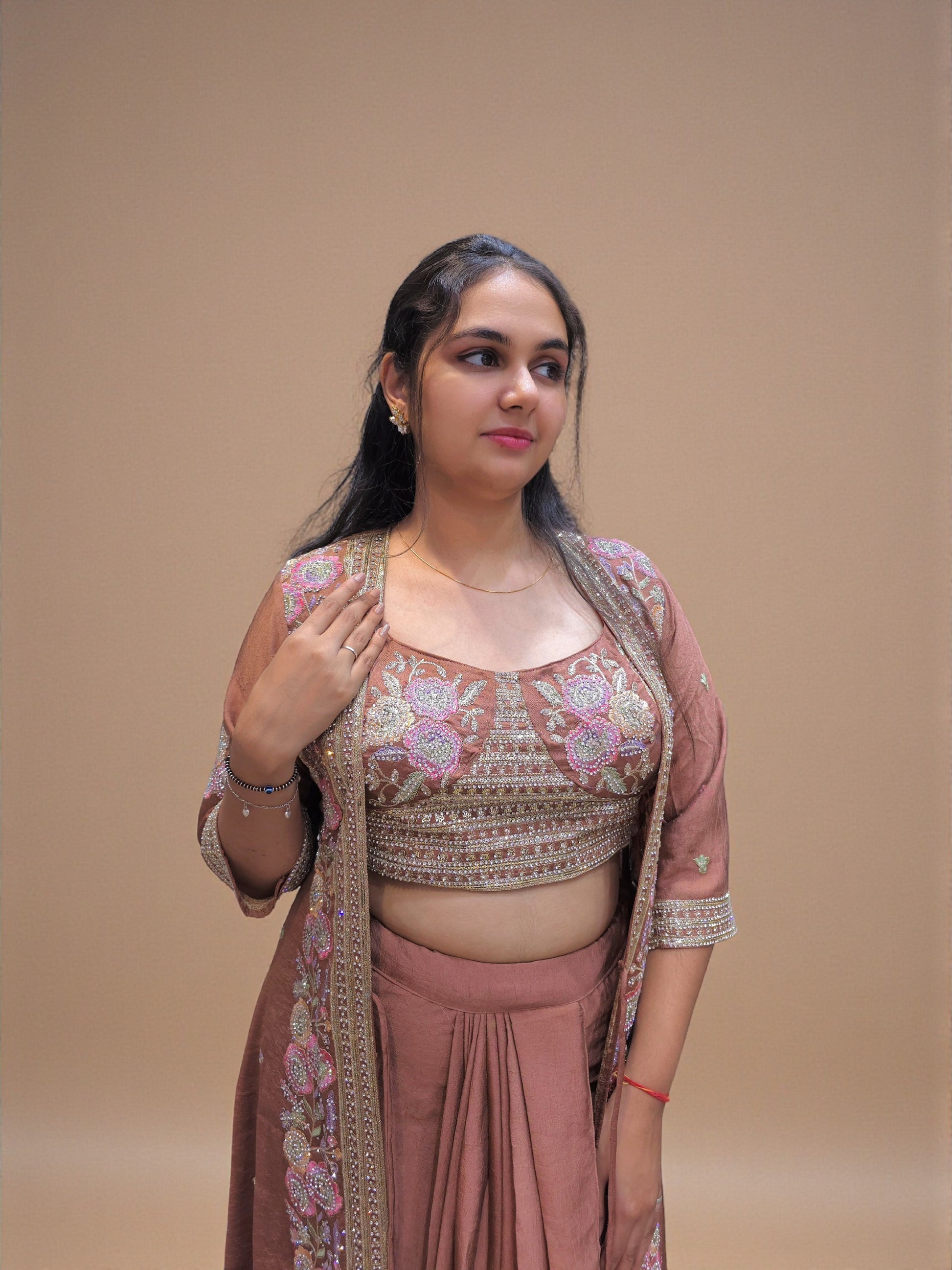 Wedding guest indo western outfit with dhoti skirt