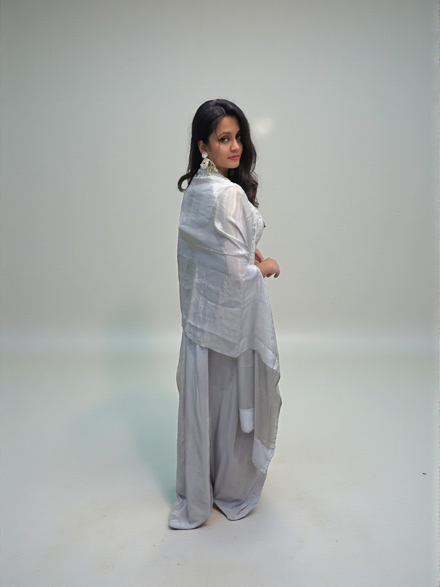 Modern grey indo-western outfit with detailed embroidery