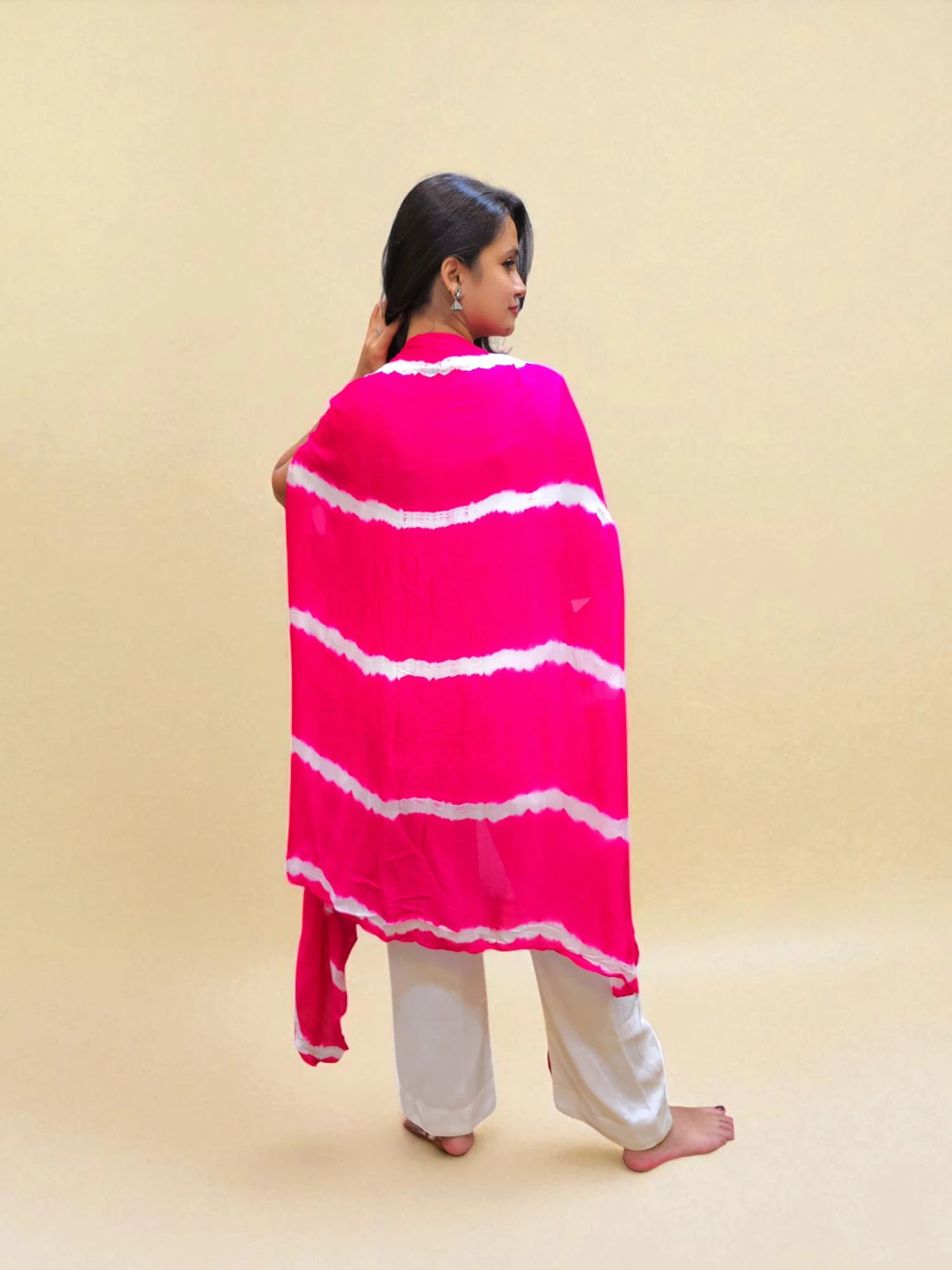 Modern fusion wear Leheriya outfit in pink and white