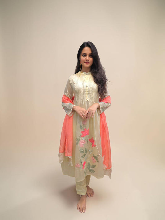 Mul Chanderi A-line kurta set with floral embroidery and cutwork dupatta