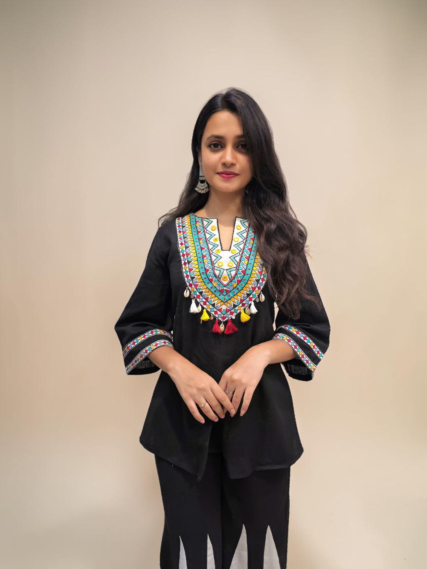 Ethnic fusion black cord set with wide flared palazzo