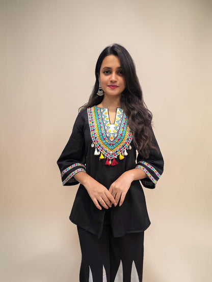 Ethnic fusion black cord set with wide flared palazzo