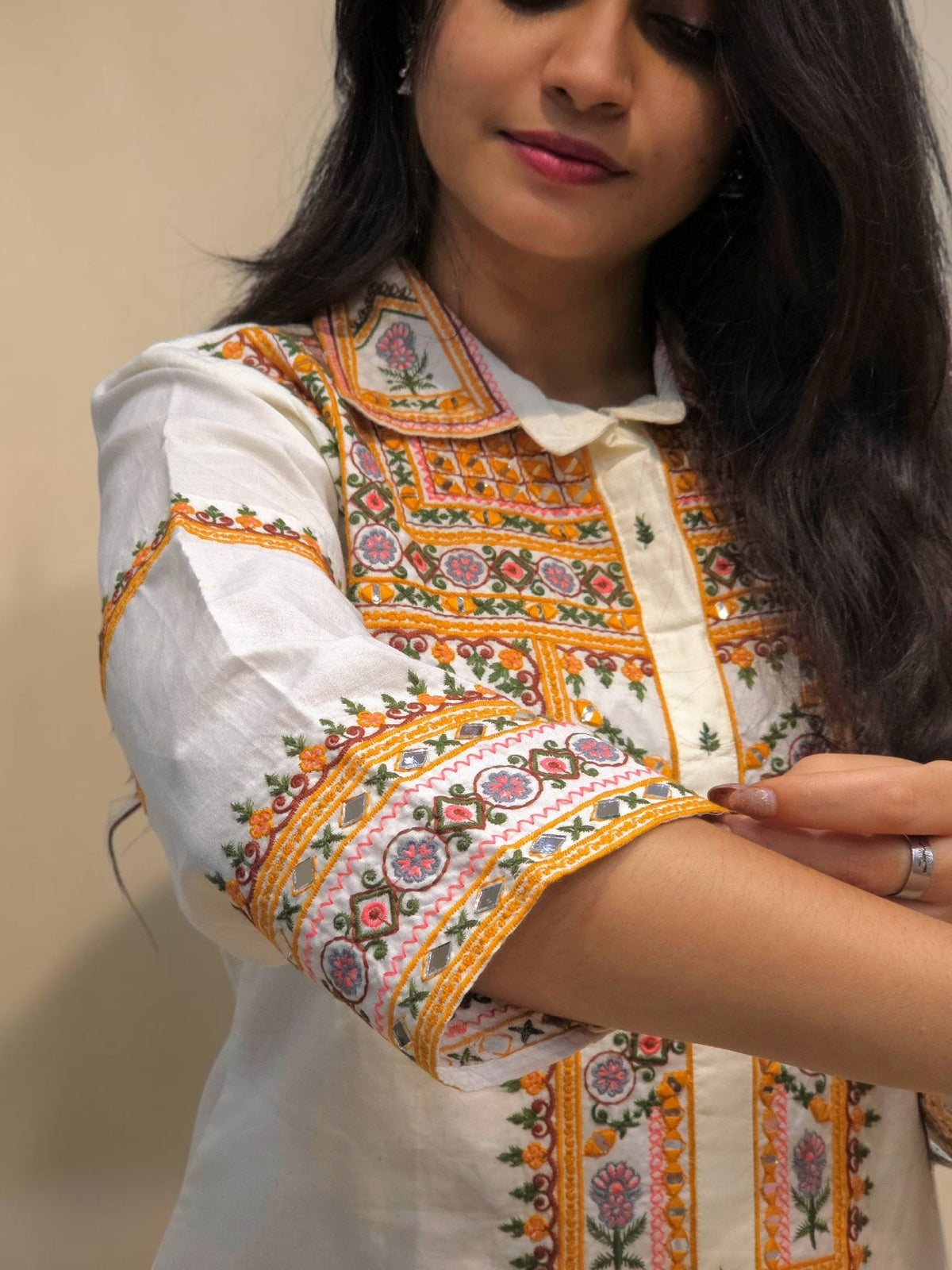 Elegant white cotton ethnic co ord set with colourful detailing