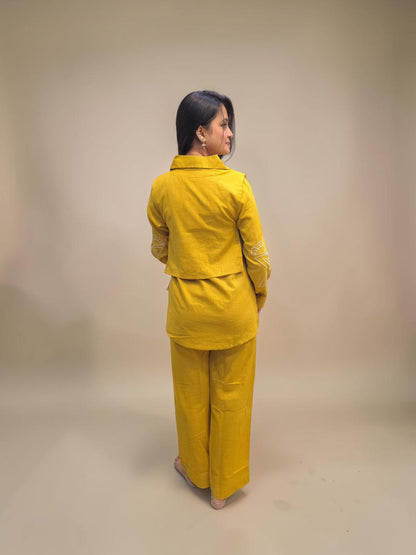 Stylish mustard yellow linen two-piece ethnic cord set