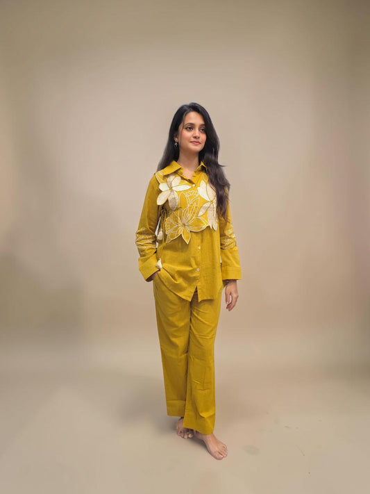 Mustard yellow linen cord set for women with floral applique