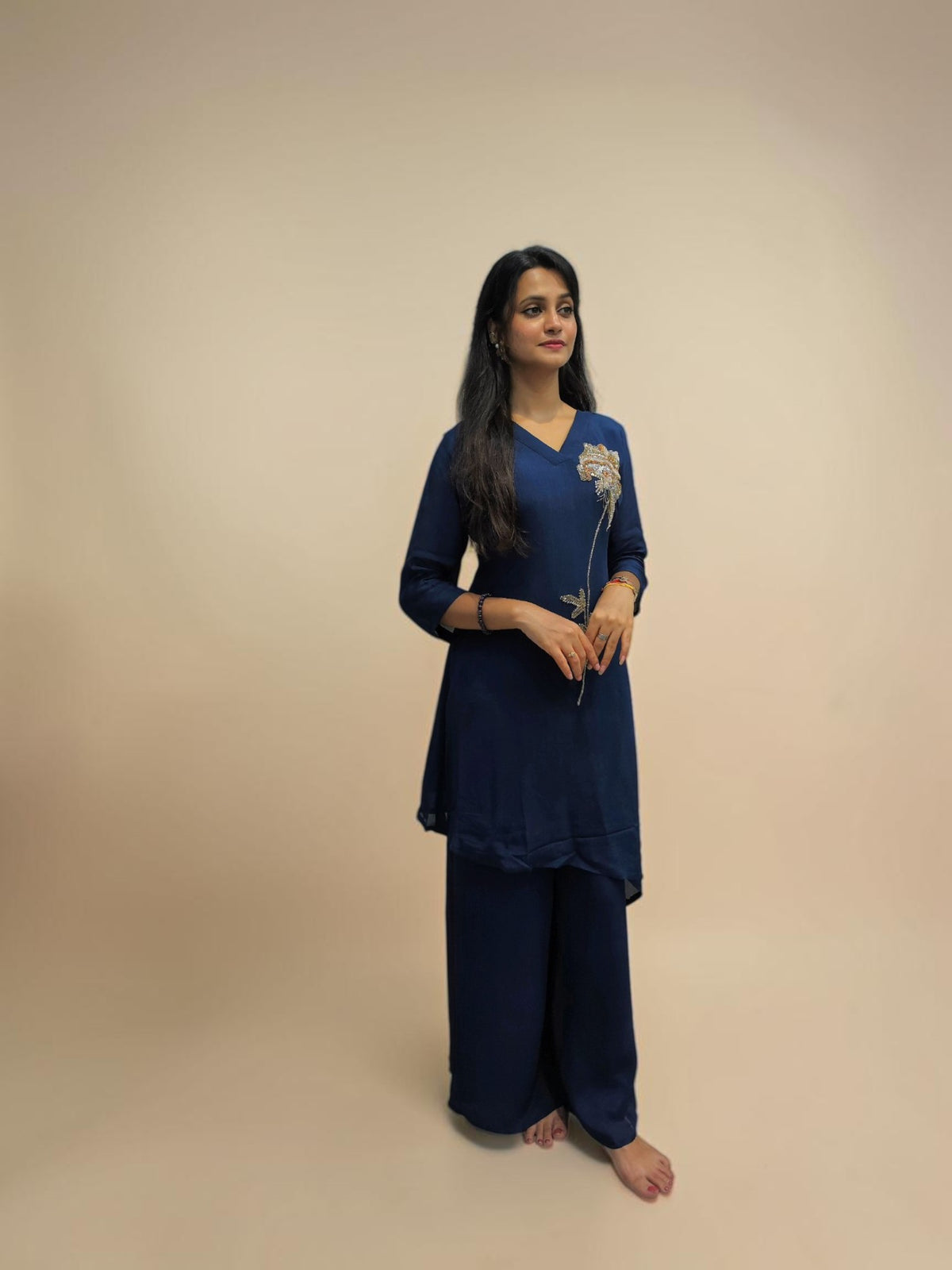 Women's navy blue embroidered co ord set with floral handwork