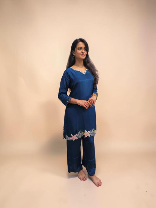 Women's navy blue embroidered co ord set with floral detailing