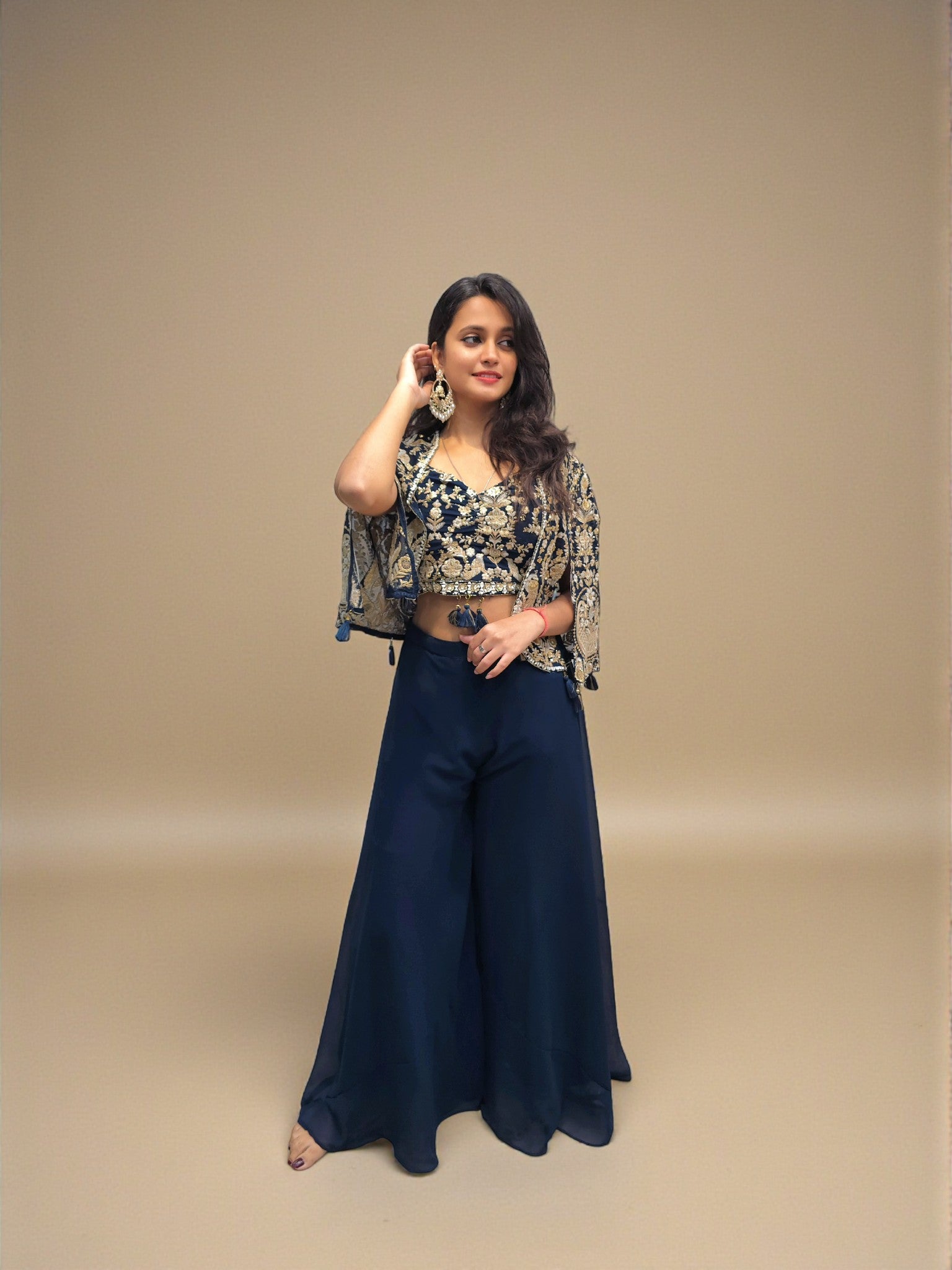 Navy blue embroidered crop top palazzo with short shrug for women