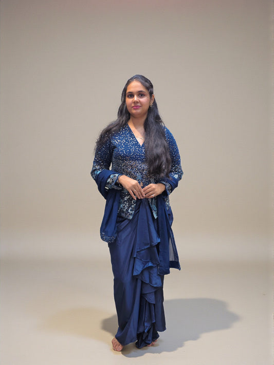 Embroidered indo western top with dhoti skirt and dupatta navy blue