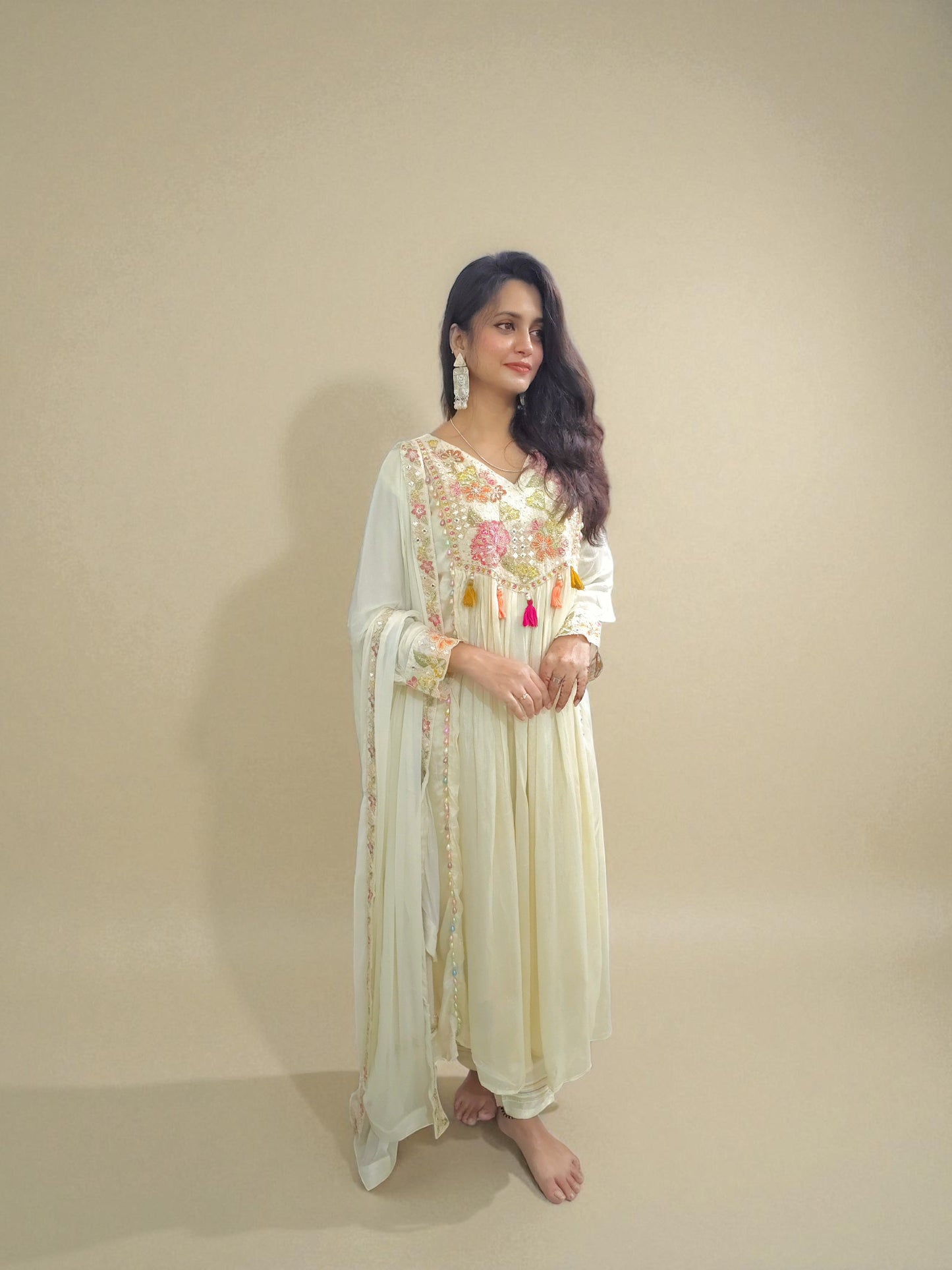 Off white chinnon silk A-line kurta set with heavy embroidery – Ambika Boutique