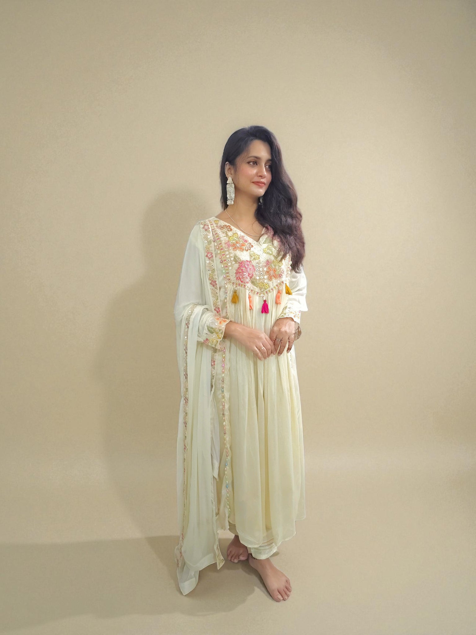 Off white chinnon silk A-line kurta set with heavy embroidery – Ambika Boutique