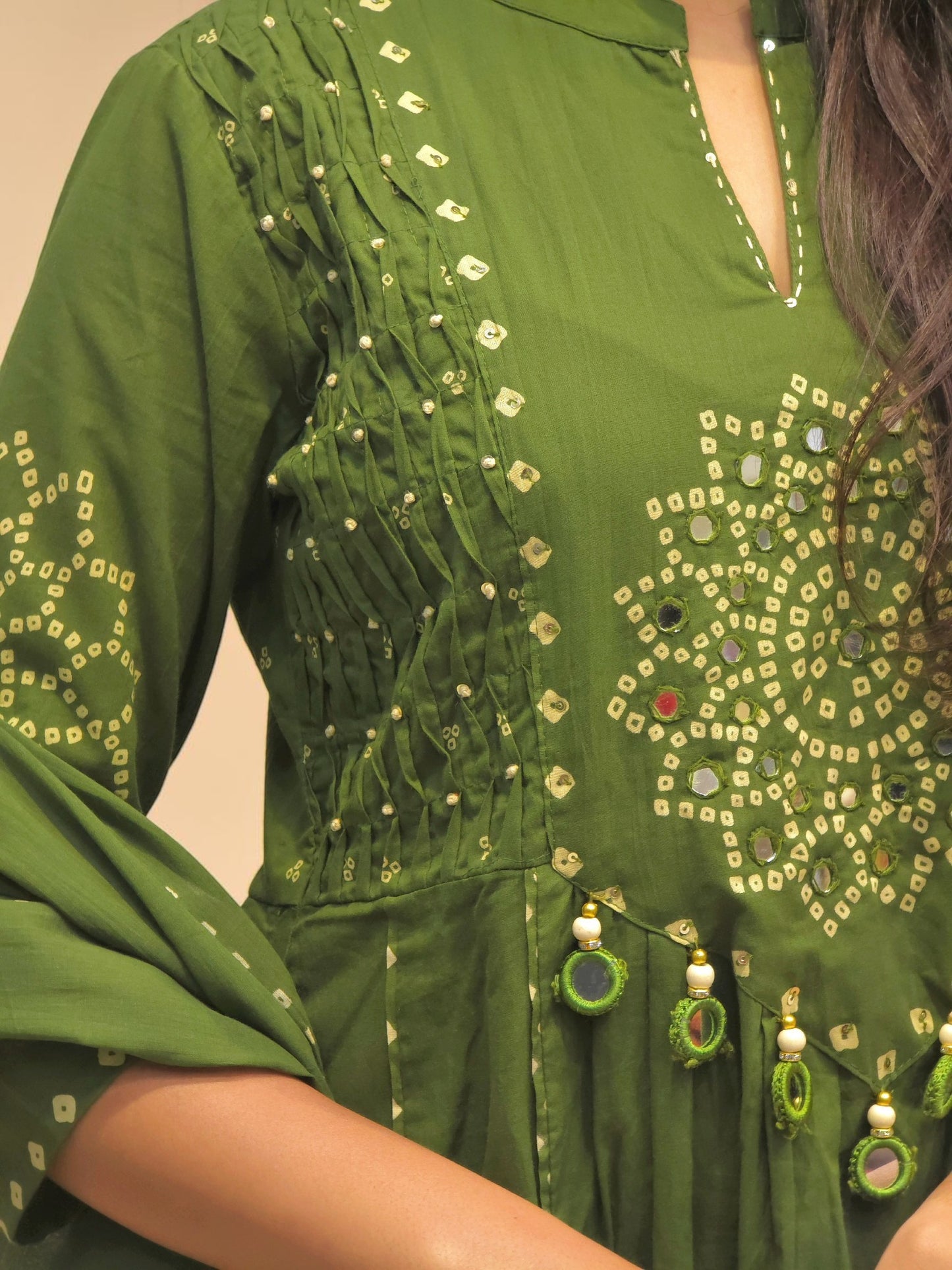 Traditional olive green Bandhani cotton suit for festive wear