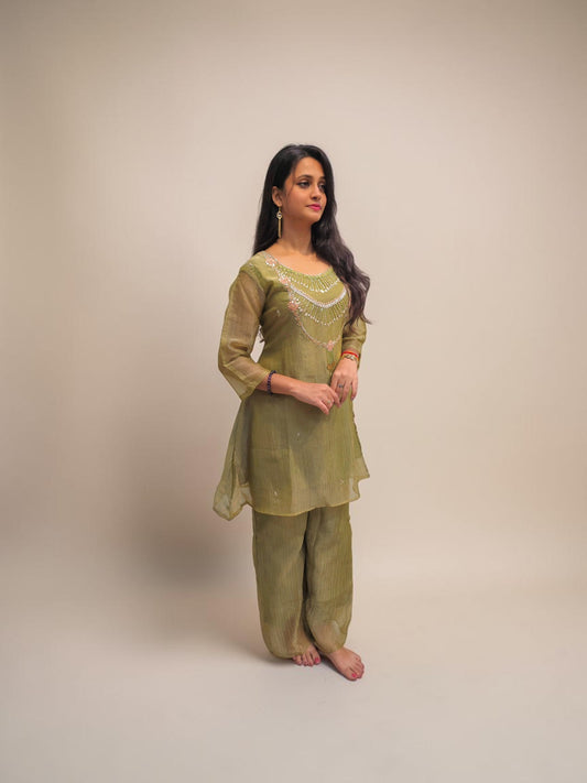 Women's olive green embroidered co ord set with wide leg pants