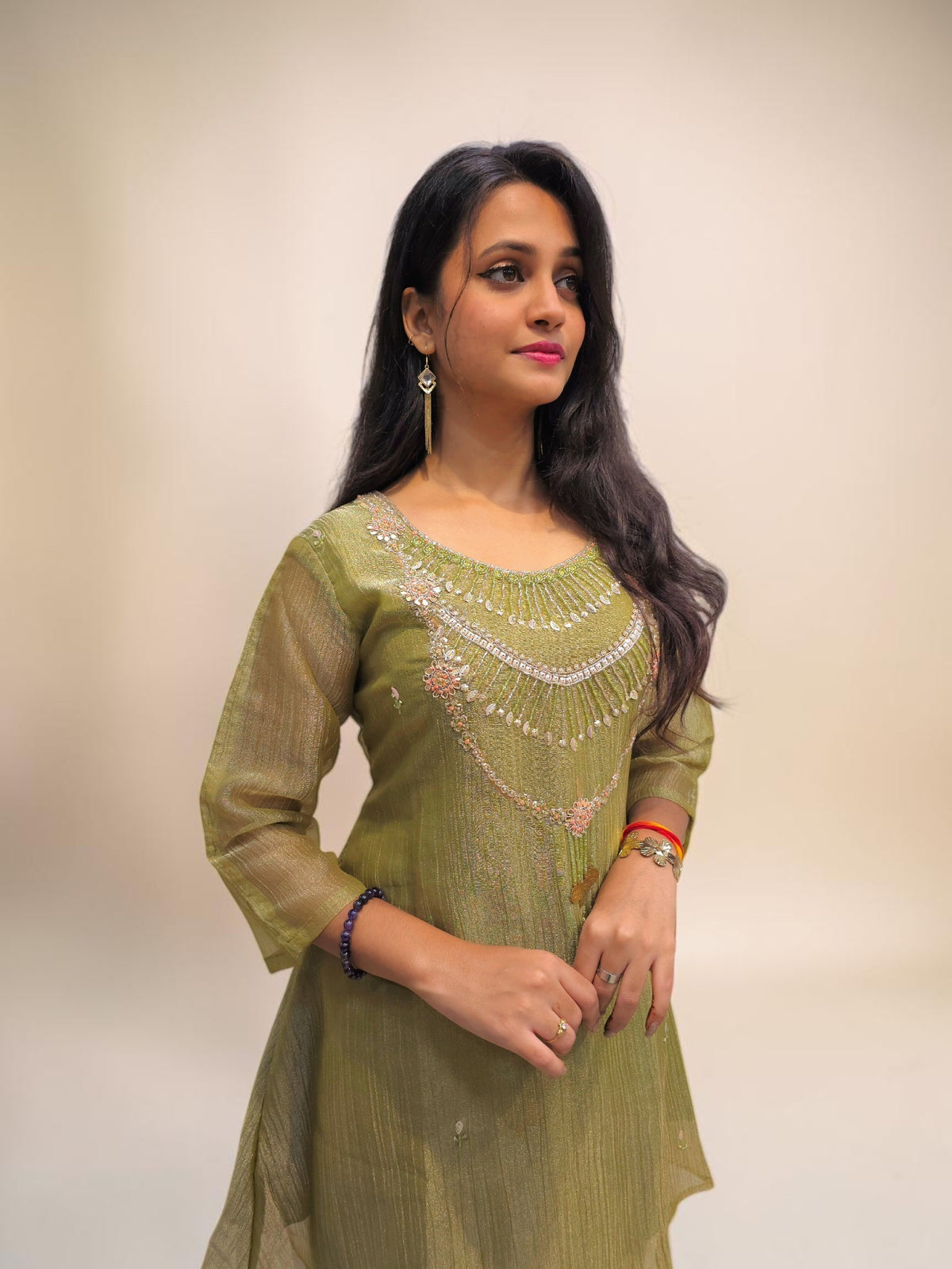 Elegant olive green co ord outfit with intricate handwork detailing